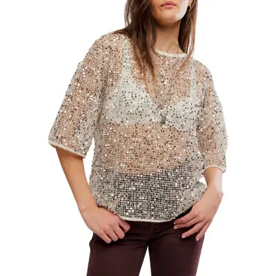 Free People Calypso Sequin Open Knit T-Shirt in Morning Oat at Nordstrom, Size Small | Nordstrom