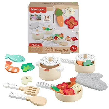 Fisher-Price Wooden Kitchen Pots & Pans Set, 19 Wood Pieces for Preschool Pretend Play, Ages 3+ Years | Walmart (US)