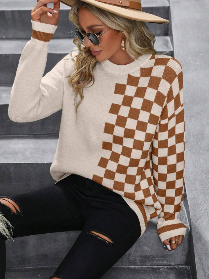 SHEIN Frenchy Checkerboard Pattern Drop Shoulder Sweater | SHEIN