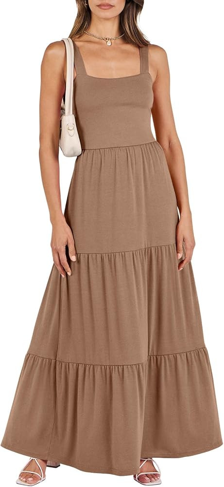 ANRABESS Women's Summer Casual Long Maxi Beach Vacation Dresses Sleeveless Square Neck Flowy Tier... | Amazon (US)