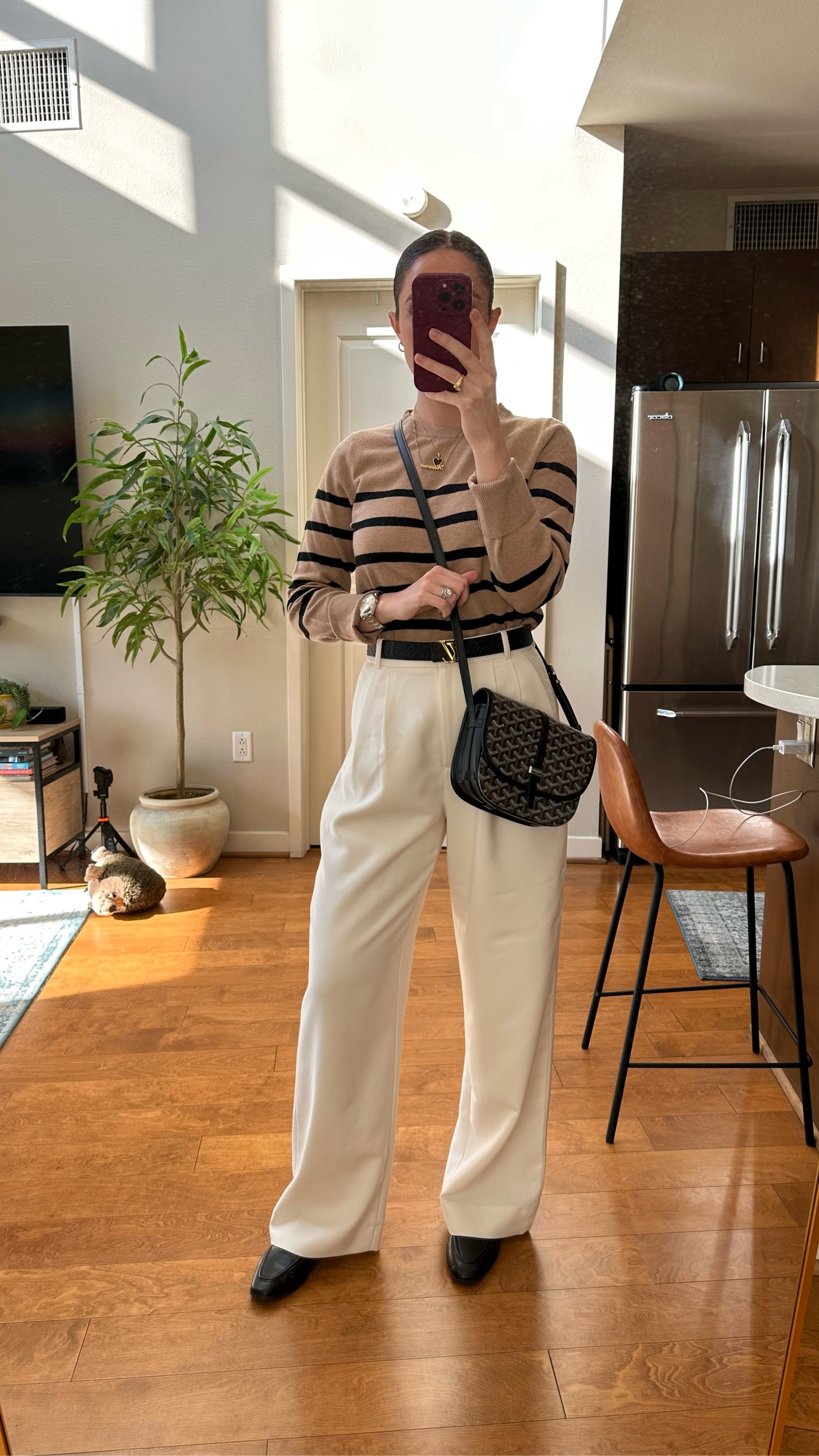 Striped sweater S
White pleated dress pants 26R
Black loafers 7.5
Black designer belt 
Goyard crossbody 

#LTKWorkwear #LTKStyleTip #LTKFindsUnder100