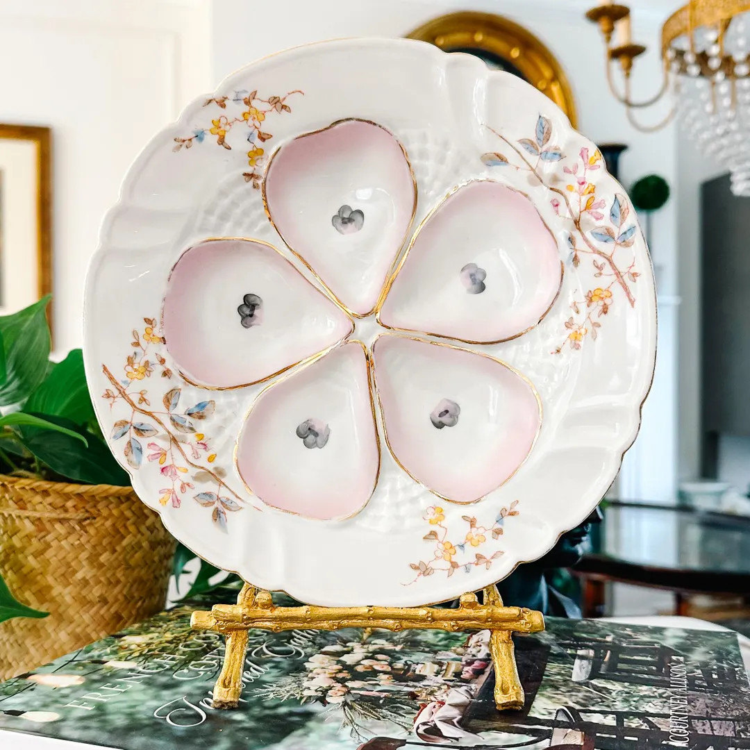 Antique German Porcelain Oyster Plate Hand-Painted Pink & Gold Floral, c. 1880-1910 | Etsy (US)