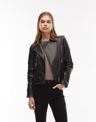 AllSaints Dalby leather moto jacket in black/silver | ASOS (Global)