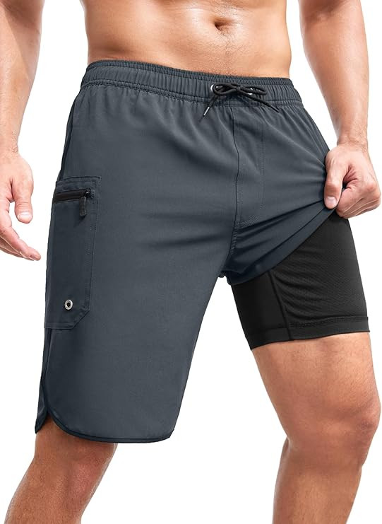 SILKWORLD Mens Swim Trunks with Compression Liner 9 Inch Long Bathing Suit 2 in 1 Beach Quick Dry... | Amazon (US)