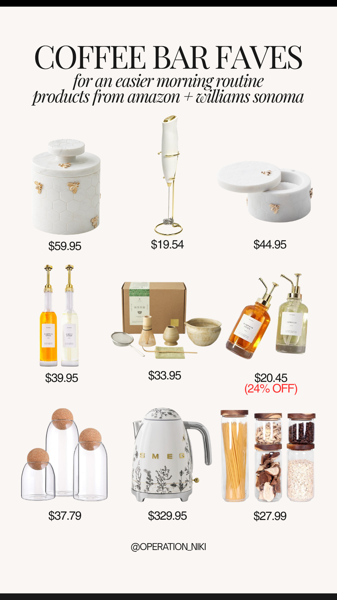 Level up your morning routine with these curated coffee bar favorites. ☕ Bringing these beautifully organized pieces into your kitchen makes prepping your daily cup simple, functional, and relaxing.



These functional pieces bring a cozy, stylized vibe to your space while making your early mornings seamless. ☀️



Follow for more @OPERATION_NIKI on IG, TikTok, & Facebook



#CoffeeBar #MorningRoutine #OperationNiki #CoffeeStation #KitchenOrganization #AestheticHome #CozyVibes #AmazonHome #WilliamsSonoma #HomeReset #KitchenUpgrade #CoffeeLovers

#LTKmorningroutine #LTKfoodie #LTKHome