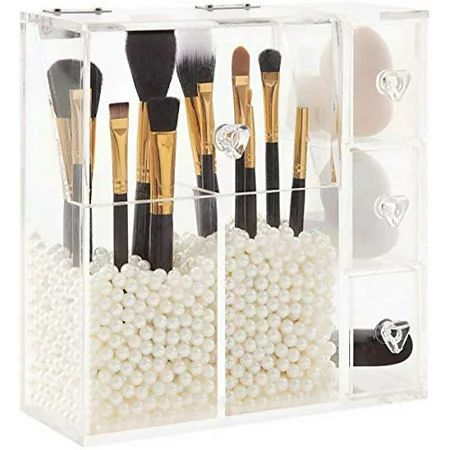 PuTwo Makeup Organizer With 2 Make Up Brush Holders and 3 Drawers All In One Case with Free White Pe | Walmart (US)