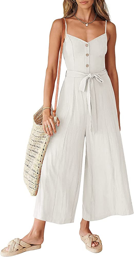 ANRABESS Women's Summer Spaghetti Straps V Neck Smocked Wide Leg Jumpsuits Rompers With Belt | Amazon (US)