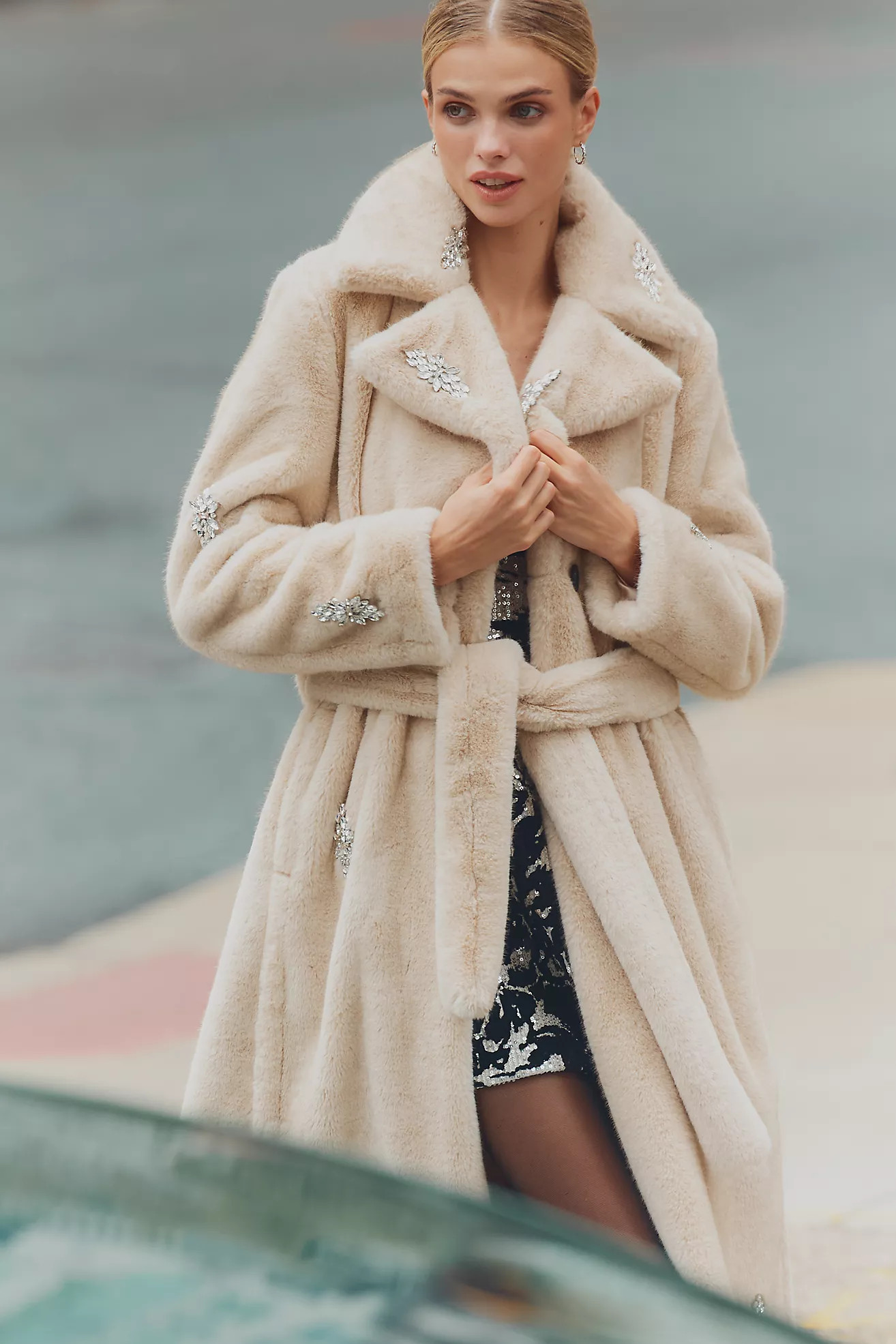 Avec Les Filles Embellished Faux Fur Belted Coat | Anthropologie (US)