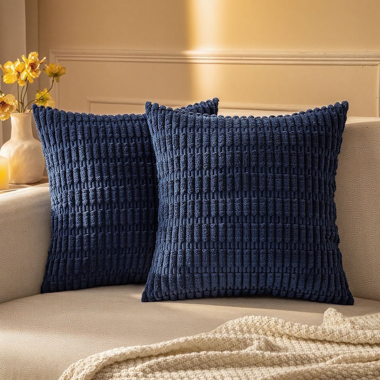 Hongan 2-Pack 18x18 Inch Rustic Farmhouse Boho Blue Striped Corduroy Throw Pillow Covers | Walmart (US)