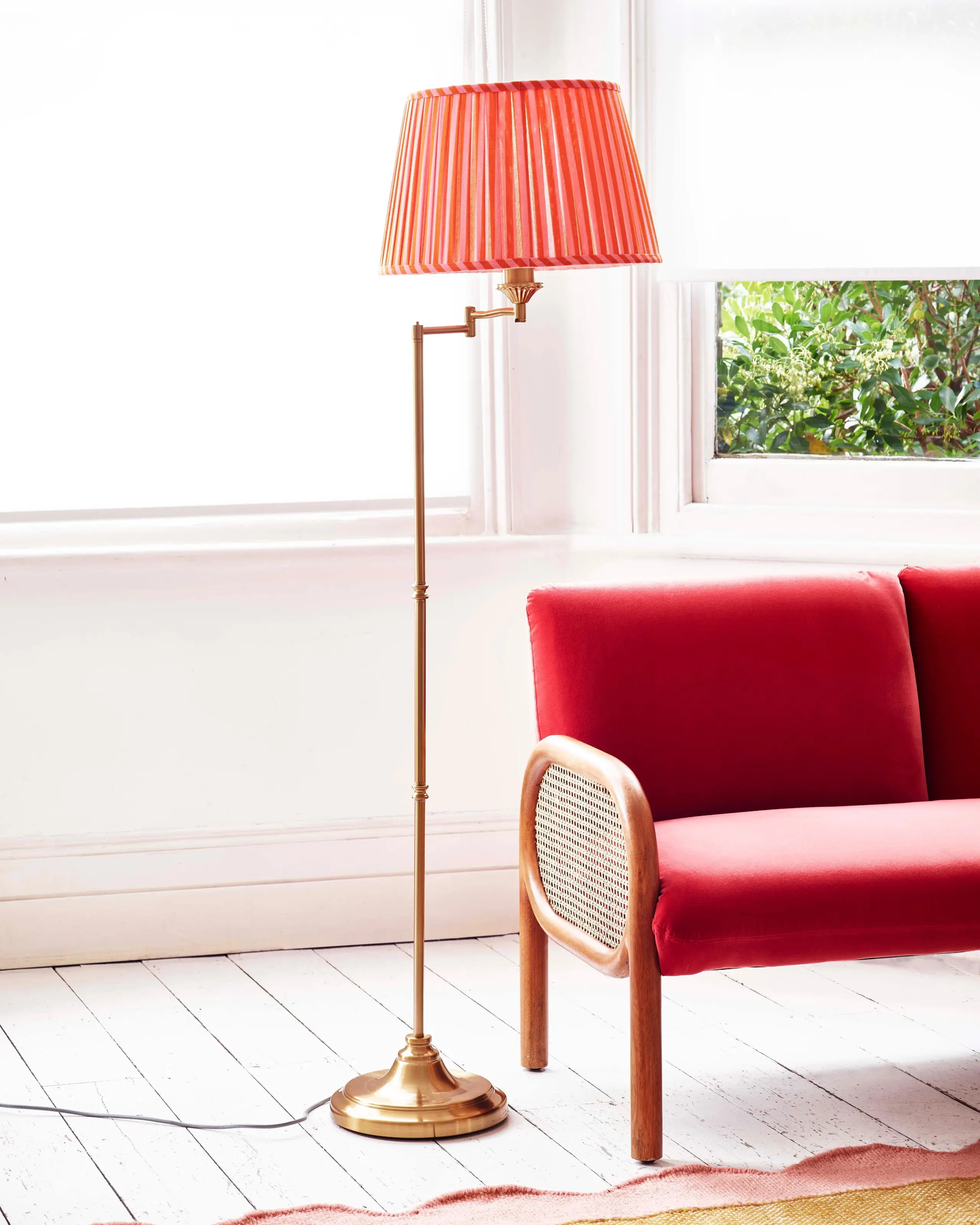Walker Coral Pink Shade & Gold Metal Swing Arm Floor Lamp | Oliver Bonas | Oliver Bonas (Global)