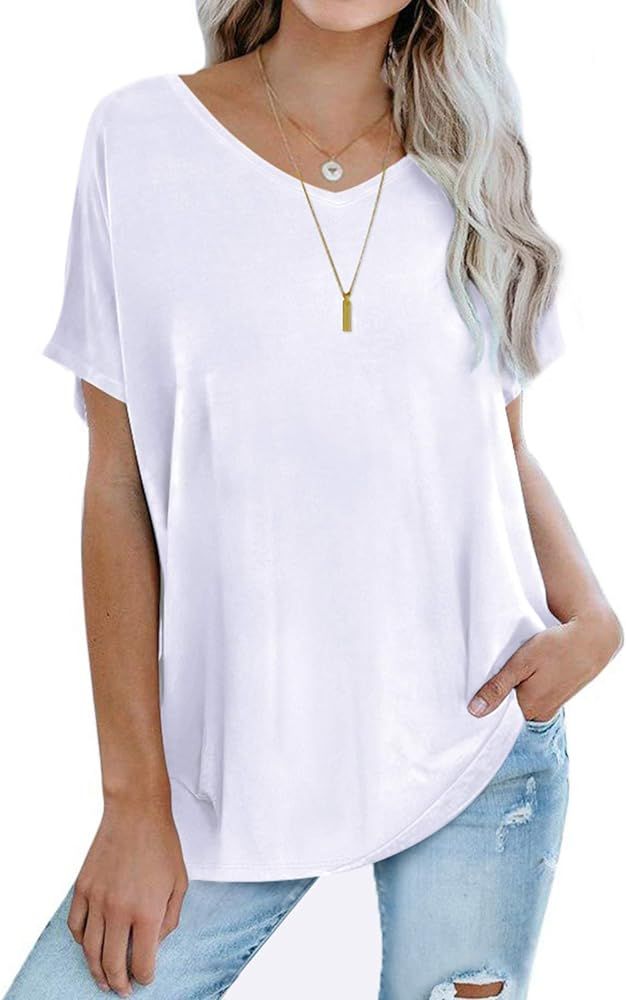 Sousuoty Oversized T Shirts for Women Casual V Neck Short Sleeve Tops Loose | Amazon (US)