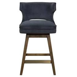 Liana Mid Century Blue Upholstered Velvet Brown Wood Wing Back Swivel Counter Stool | Kathy Kuo Home