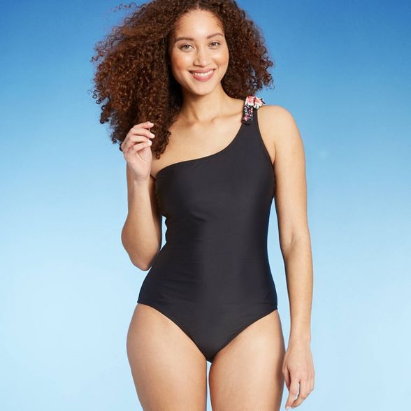 Women's One Shoulder Tie Medium Coverage One Piece Swimsuit - Kona Sol™ Black | Target