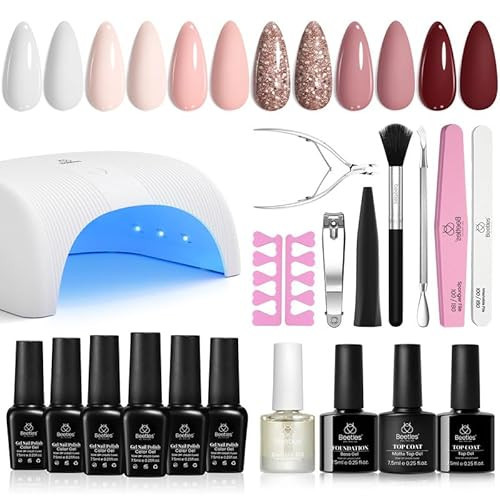 Beetles Gel Nail Polish Kit with U V Light, 6 Colors Starter Kit Pink Nude White Glitter Gel Polish with Base Gel Top Coat Cuticle Oils Nail Accessories for Girls Women Winter Christmas Gifts | Amazon (US)
