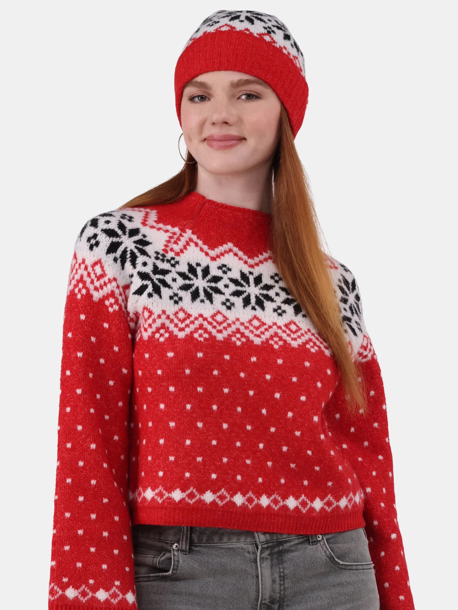 No Boundaries Fairisle Jacquard Pullover and Beanie Set, 2-Piece, Women's and Women’s Plus | Walmart (US)