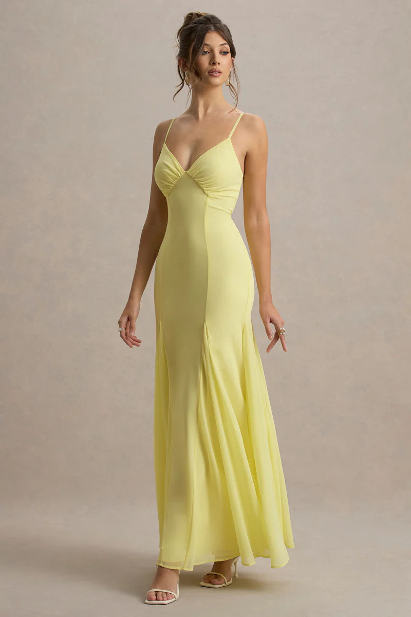 Massie | Lemon Chiffon Strappy Maxi Dress With Volume Hem | Club L London