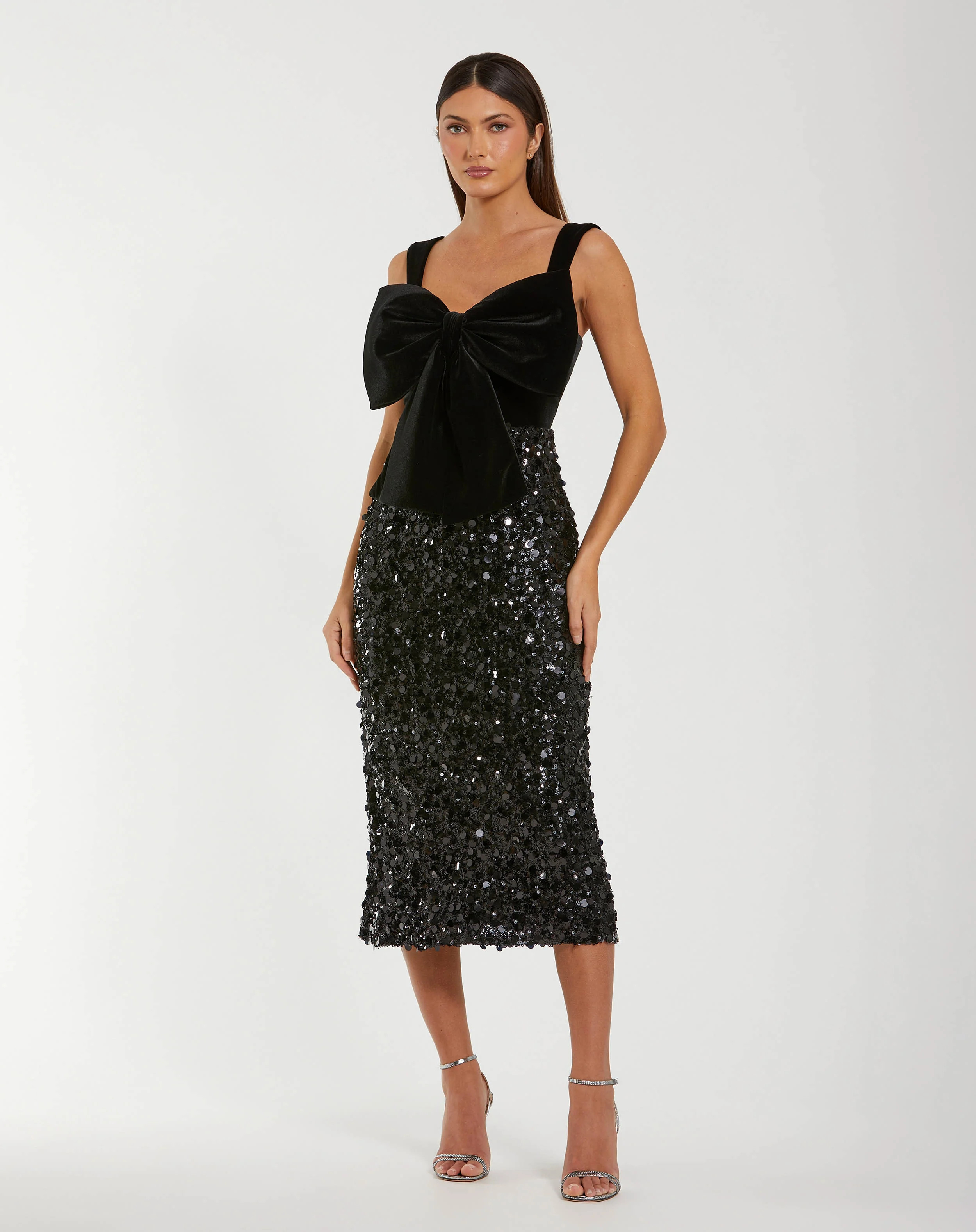 Black Sleeveless Sequin Midi Dress With Velvet Bow | Mac Duggal | Mac Duggal