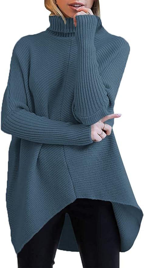 ANRABESS Womens Turtleneck Long Batwing Sleeve Asymmetric Hem Casual Pullover Sweater Knit Tops | Amazon (US)