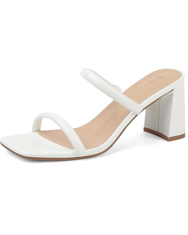 Women's Square Open Toe Heeled Sandals Two Strap Mules Slip On Block Chunky Mid Heels Sandals | Amazon (US)