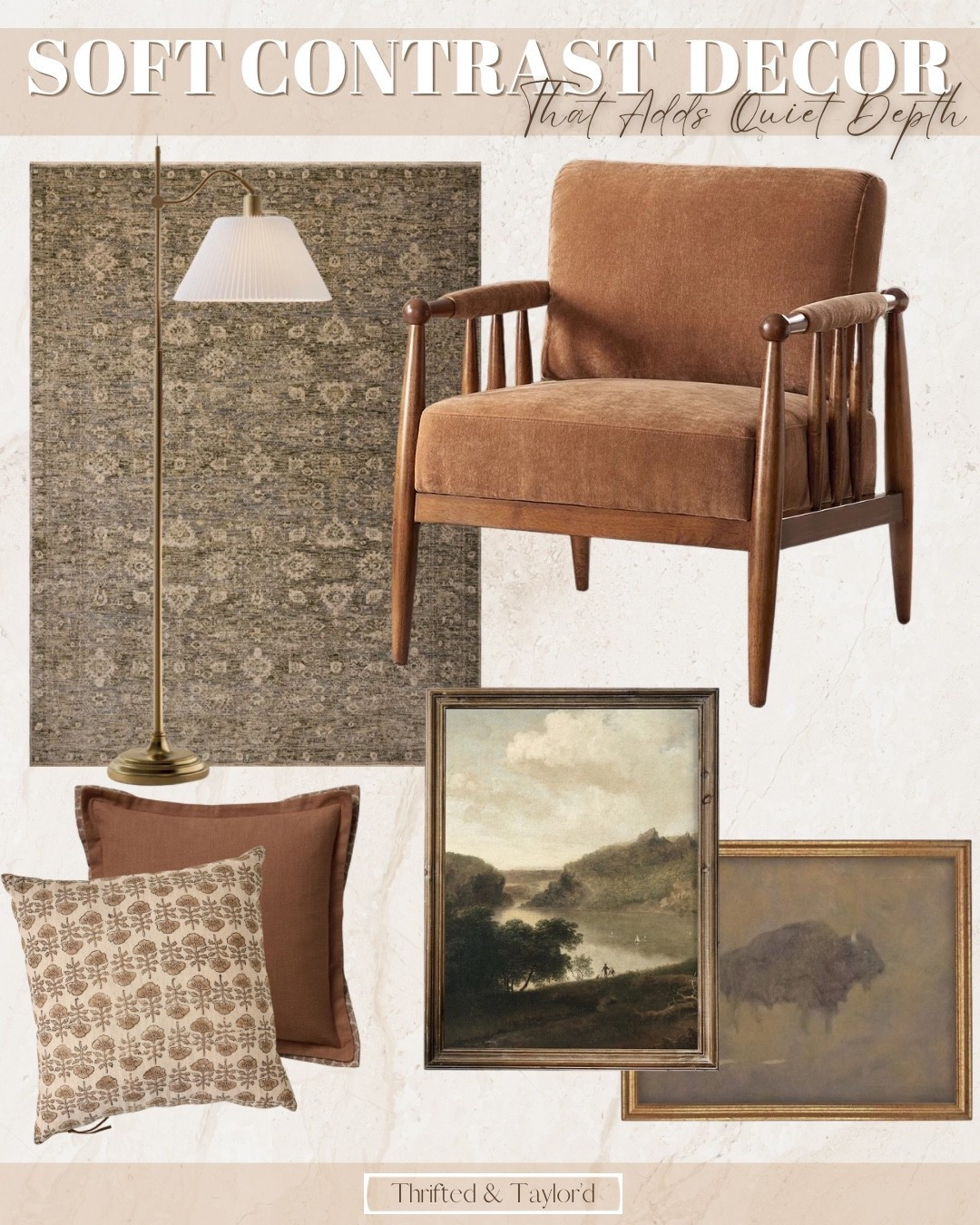 Soft contrast decor is one of my favorite ways to make a neutral space feel rich without ever feeling heavy.

Instead of dramatic contrast, this look layers warm browns, muted greens, aged artwork, and textured textiles to create quiet depth. The cognac velvet chair grounds the space, the vintage-inspired rug softens it, and the layered pillows and antique-style art bring that collected, lived-in feeling.

It’s neutral… but not flat.
Warm… but not overpowering.
Timeless… but still interesting.

I’ve linked every piece here so you can recreate this layered look in your own living room.

#LTKHome