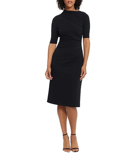 Mock Neck Short Sleeve Draped Midi Sheath Dress | Dillard's