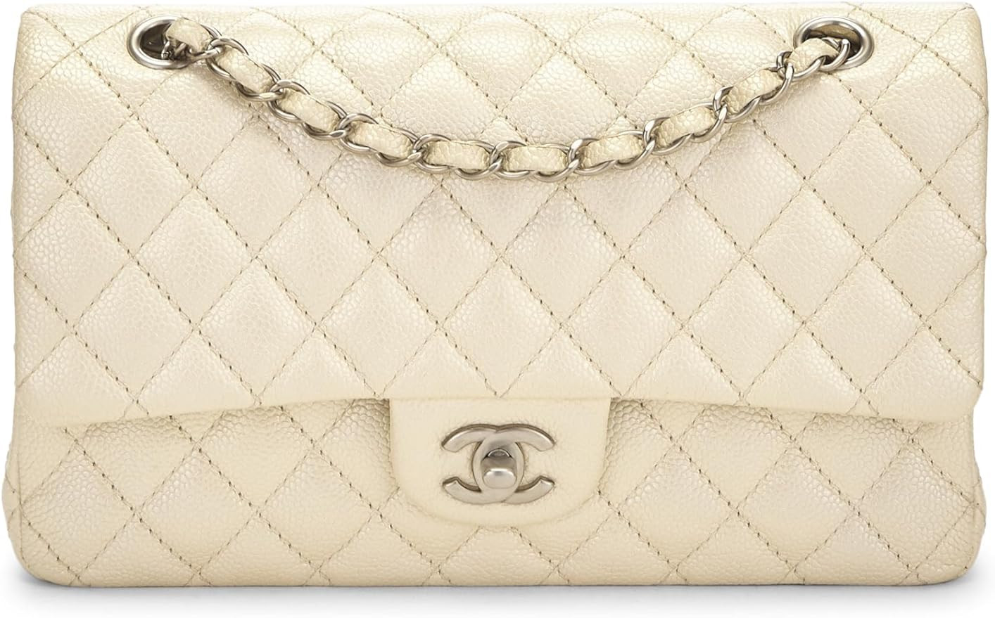 Amazon.com: Chanel, Pre-Loved Iridescent White Quilted Caviar Classic Double Flap Medium, White :... | Amazon (US)