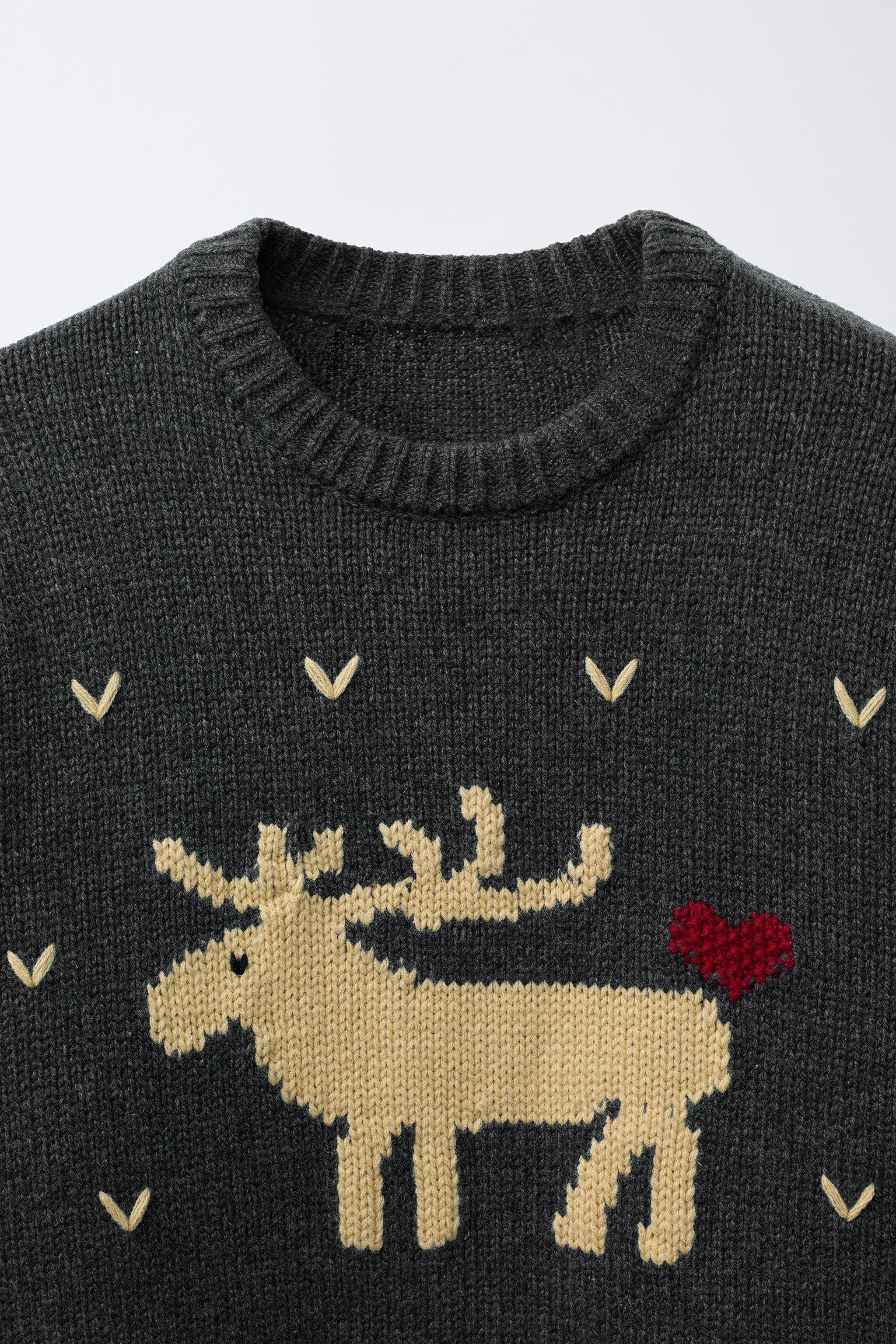 WOOL KNIT JUMPER EMBROIDERED REINDEER HEARTS | Zara US