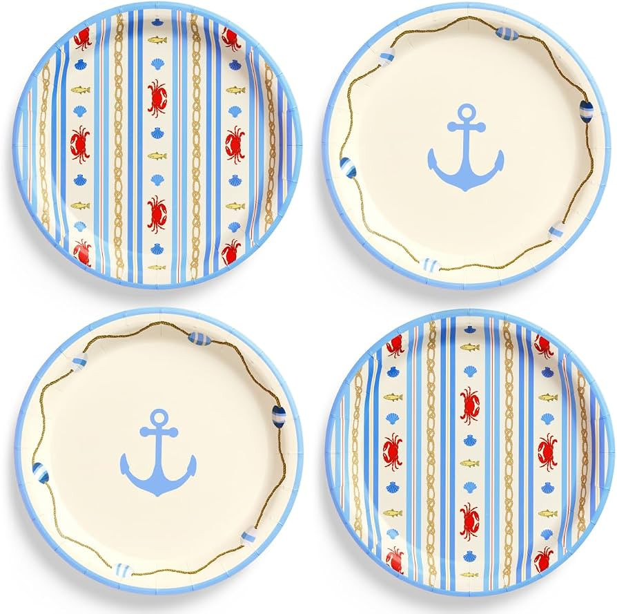 xo, Fetti 24 Nautical Paper Plates 9" | Coastal Summer Beach Party Decor | Amazon (US)