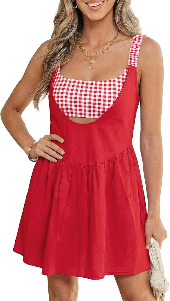 Women's Patchwork Plaid Mini Dress Summer Faux Two Piece Gingham Contrast Loose Sleeveless Backle... | Amazon (US)