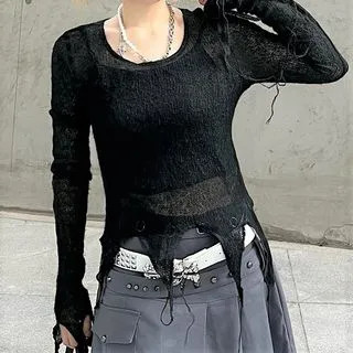 Long Sleeve Crochet Open-Knit Irregular-Hem Sweater | YesStyle Global