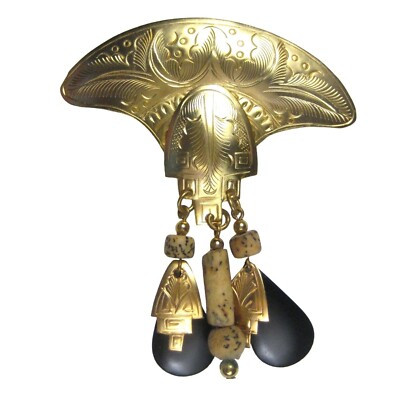 Repousse Metal Dangle Tremble Brooch Pin Goldtone Art Deco Style Statement | eBay US