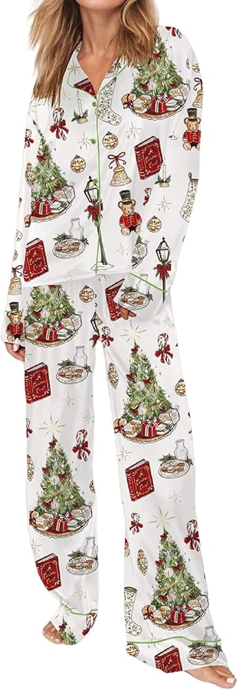 Faretumiya Women Silk Satin Christmas Pajamas Xmas Long Sleeve Sleepwear Holiday Print Two Piece ... | Amazon (US)