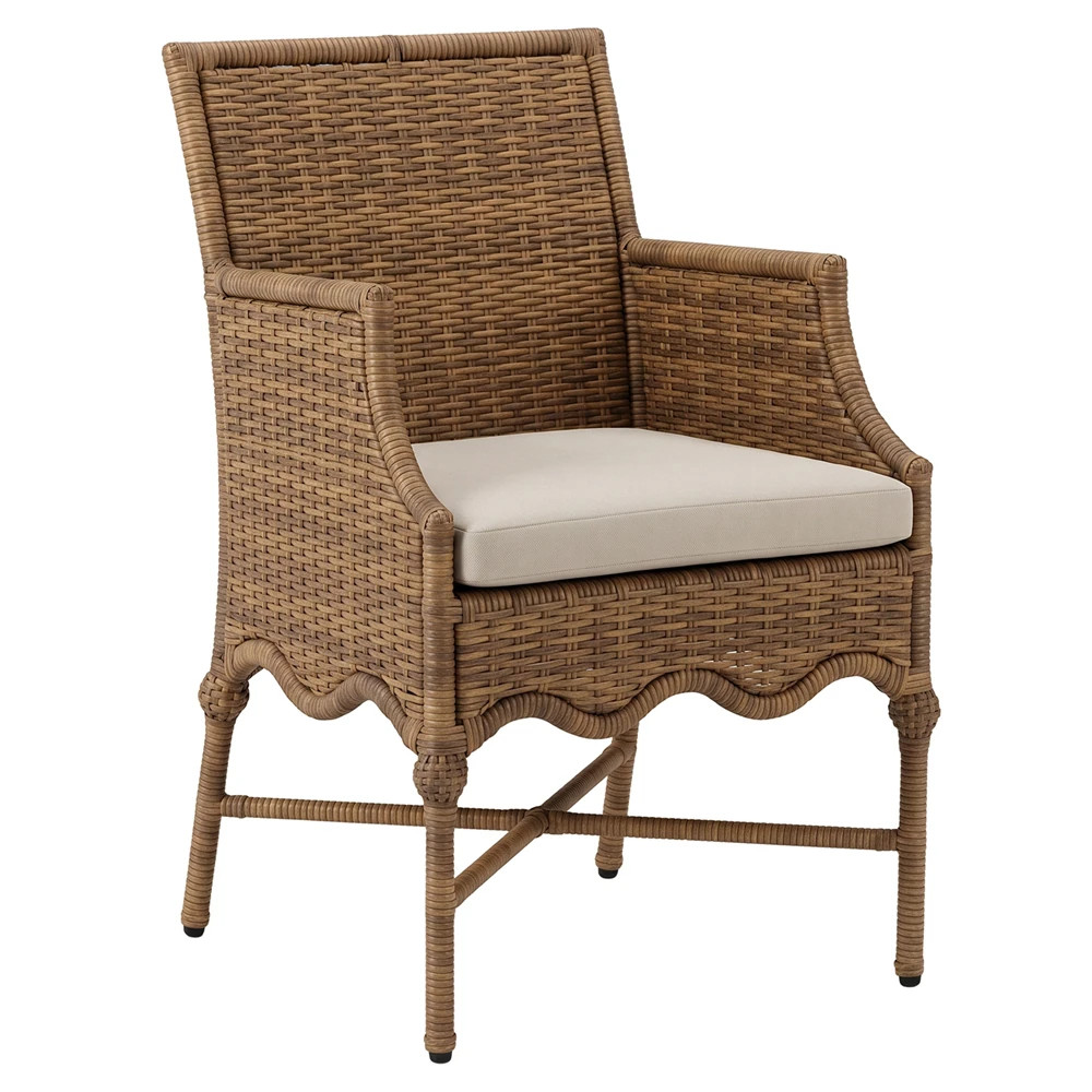 Clara Coastal Beach Brown Rattan Outdoor Dining Arm Chair | Kathy Kuo Home