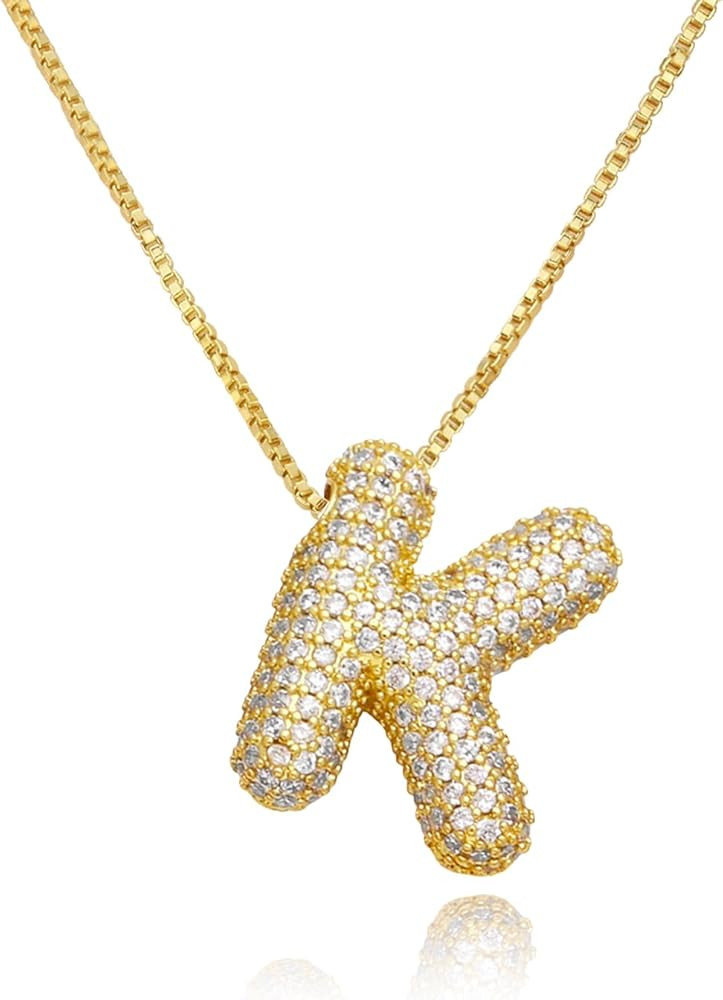 18K Bubble Letter Necklace Gold Plated for Women, Rhinestone Bubble Balloon Initial Necklace for ... | Amazon (US)