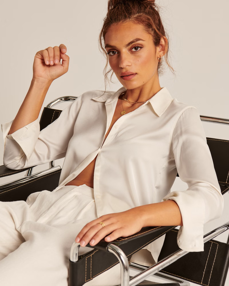 Long-Sleeve Satin Button-Up Shirt | Abercrombie & Fitch (US)