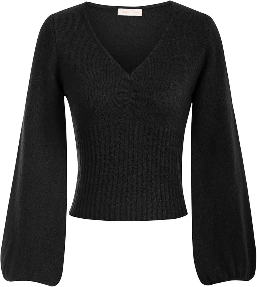 Belle Poque Women Cropped Lantern Sleeve V Neck Pullover Sweater Knit Casual Top | Amazon (US)