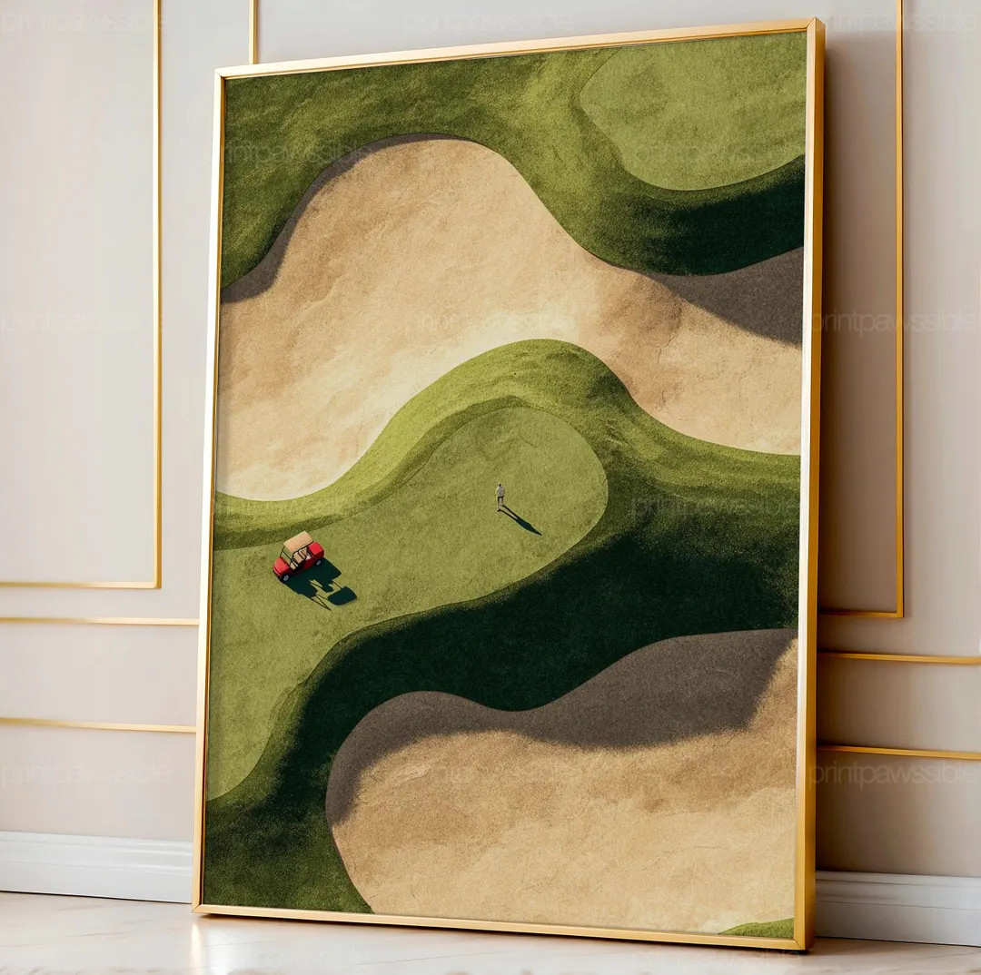 Golf Sand Trap Art Print, Minimalist Abstract Course Wall Poster, Tiny Golfer and Cart Digital Vi... | Etsy (US)