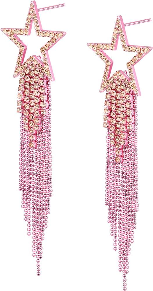 EVER FAITH Star Tassel Earrings for Women Girls, Rhinestone Crystal Long Waterfall Beaded Fringe ... | Amazon (US)