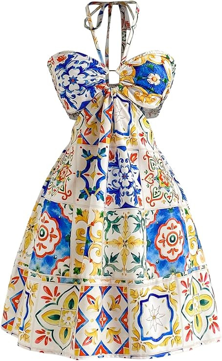 Floerns Women's Floral Halter Neck Vacation Dress Sleeveless Cut Out Boho Cami Dress | Amazon (US)