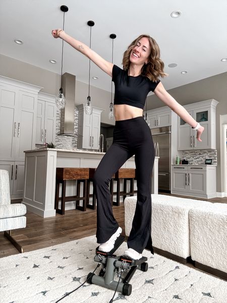 Amazon home workout stair stepper and black flare leggings split hem Halara athleisure outfits and outfit ideas gym at home 

#LTKfitness