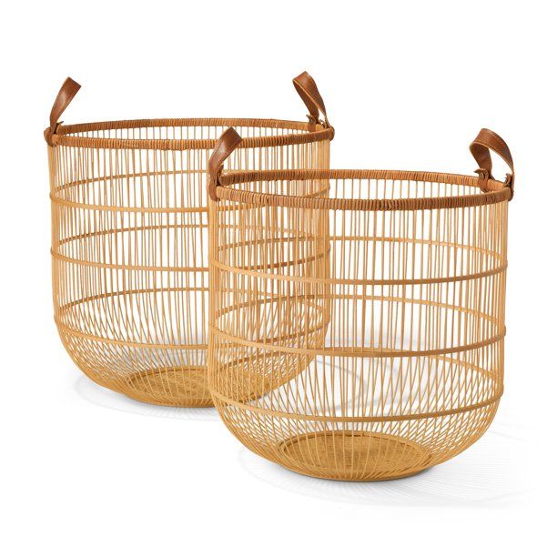 MoDRN Naturals Bamboo Basket with Faux Leather Handle, Set of 2 | Walmart (US)