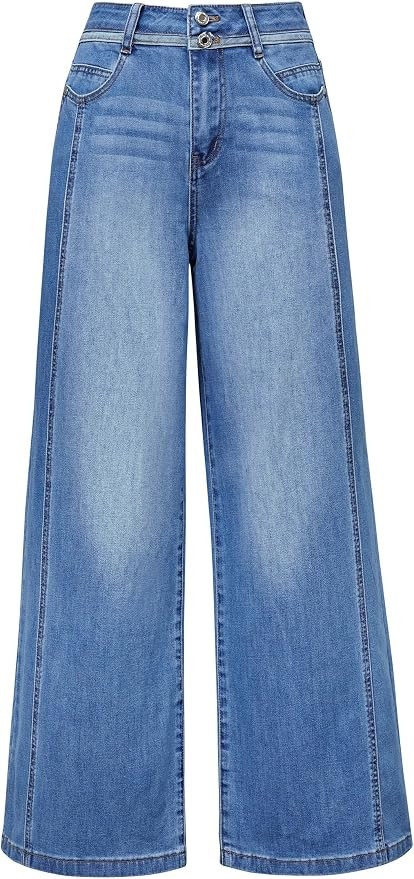 Arach&Cloz Women's Contrast Waistband Fall Business Casual Wide Leg Jeans | Stretchy Denim Contra... | Amazon (US)