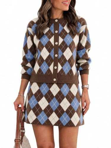 Tankaneo Womens 2 Piece Sweater Skirt Set Argyle Plaid Matching Lounge Sets | Amazon (US)