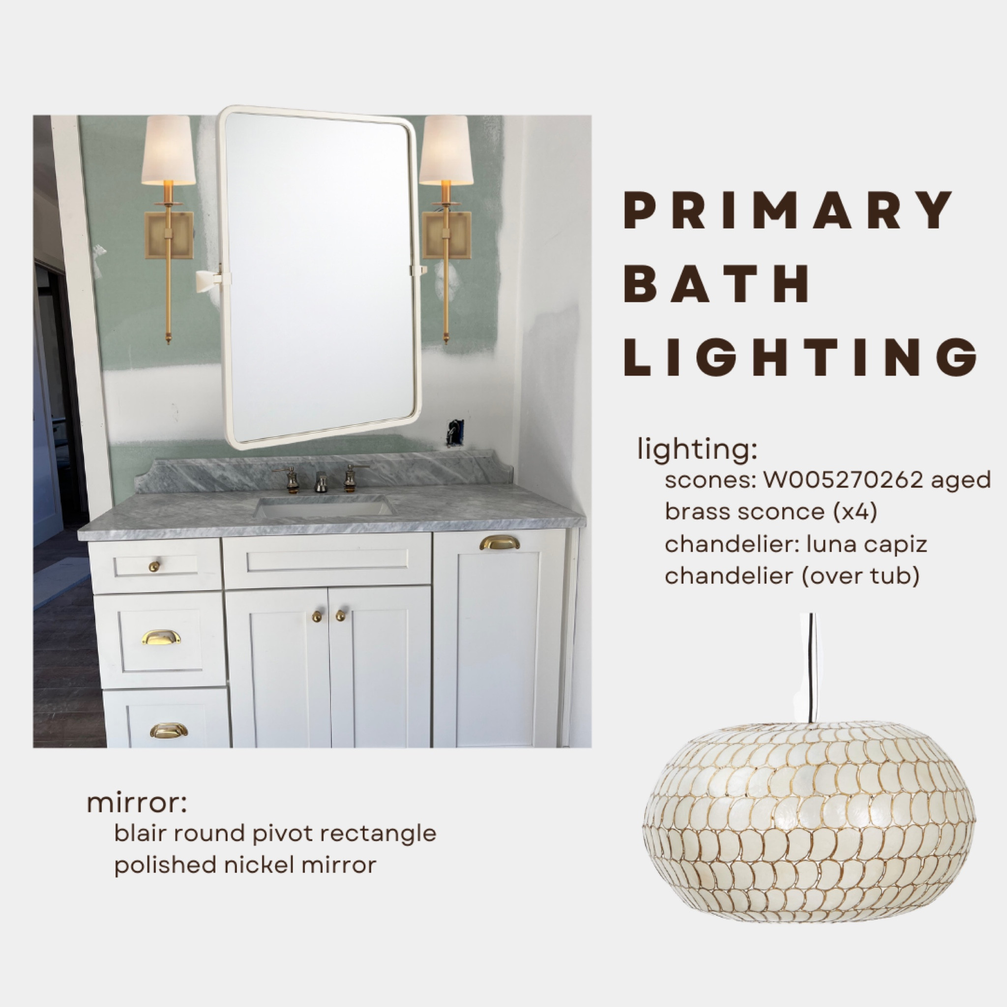 Picking bathroom lighting is important! Girls, you know what I’m talking about. You need natural light, light that is good for makeup and then mood lighting…and it all has to be pretty! I chose these sconces to illuminate either side of my Rejuvenation polished nickel mirrors - and the. My Luna Capiz chandelier hangs above my tub for the perfect ambiance and character. 

#LTKhome #LTKstyletip