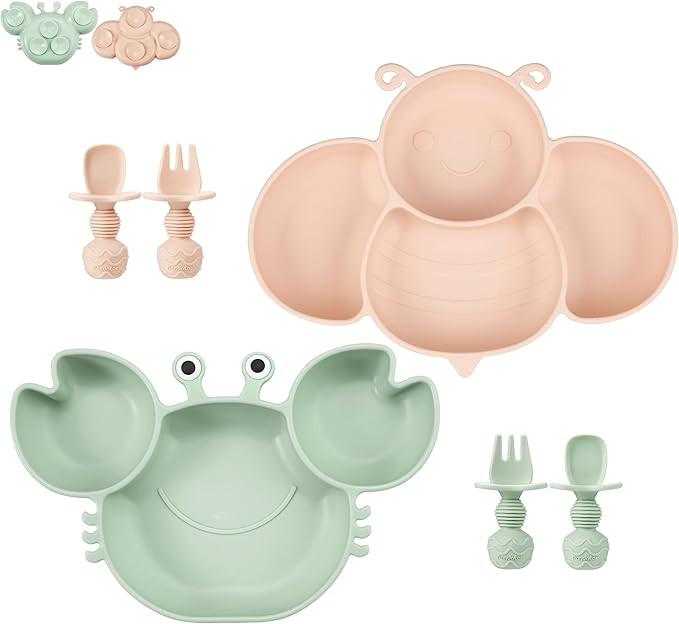 PandaEar 2 Pack Silicone Suction Plates for Toddlers Baby with 4 Spoons Self Feeding, Divided Unb... | Amazon (US)