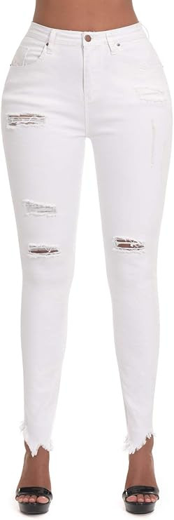 roswear Women's Ripped Mid Rise Frayed Hem Denim Stretchy Skinny Jeans | Amazon (US)