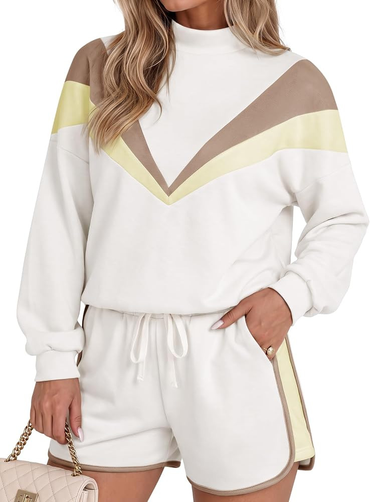Fisoew Womens 2 Piece Outfits Sweatsuit Long Sleeve Pullover Shorts Sets | Amazon (US)