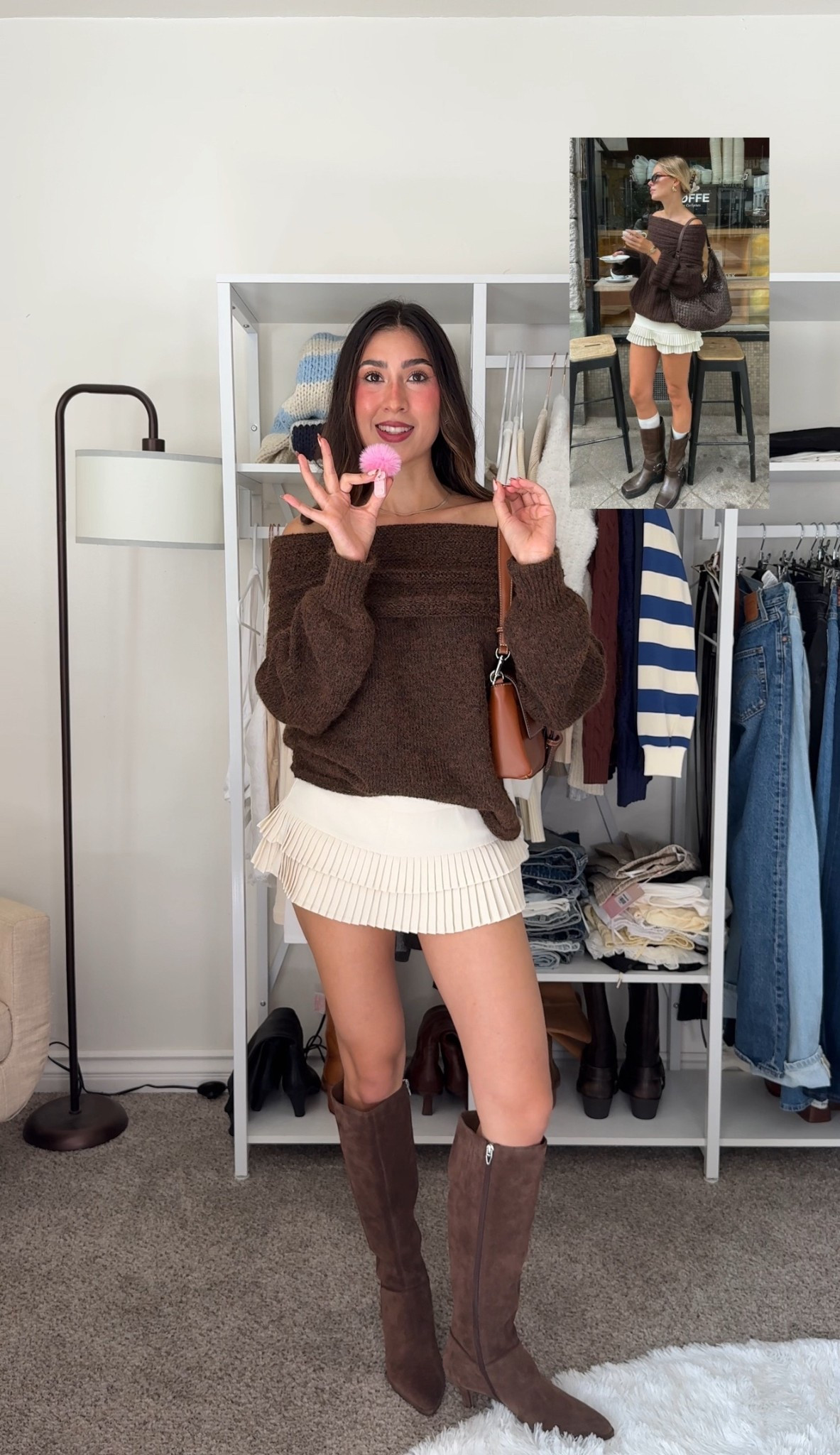 Recreating fall outfits part 2! 🍂🍁🫶🏼 - off shoulder brown sweater, frilly skirt and suede boot combo 

#LTKFallSale #LTKStyleTip #LTKSeasonal