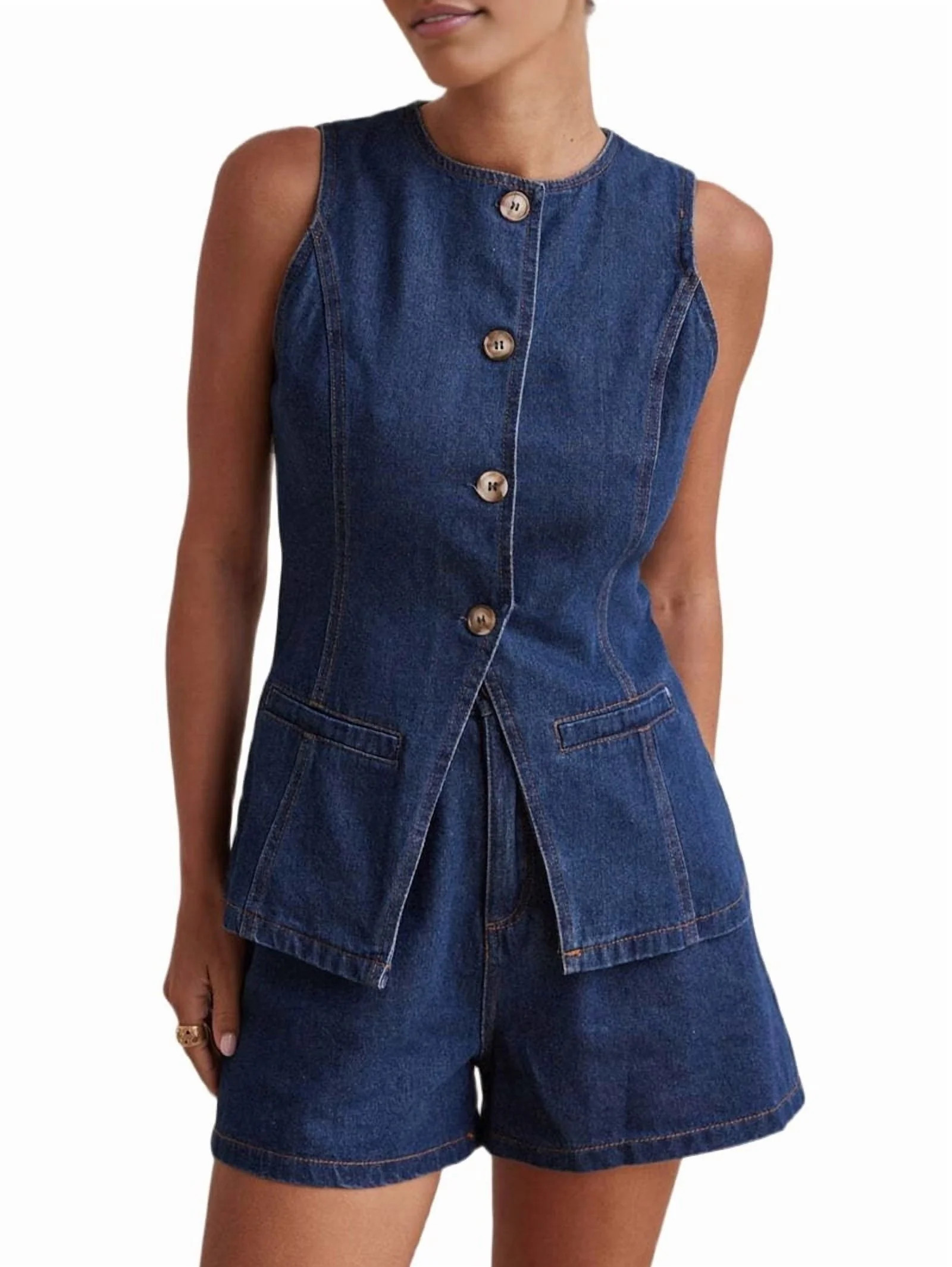 Female Denim 2 Piece Set Casual Business Sleeveless Jean Blazer Vest Tops and Shorts Outfit Track... | Walmart (US)