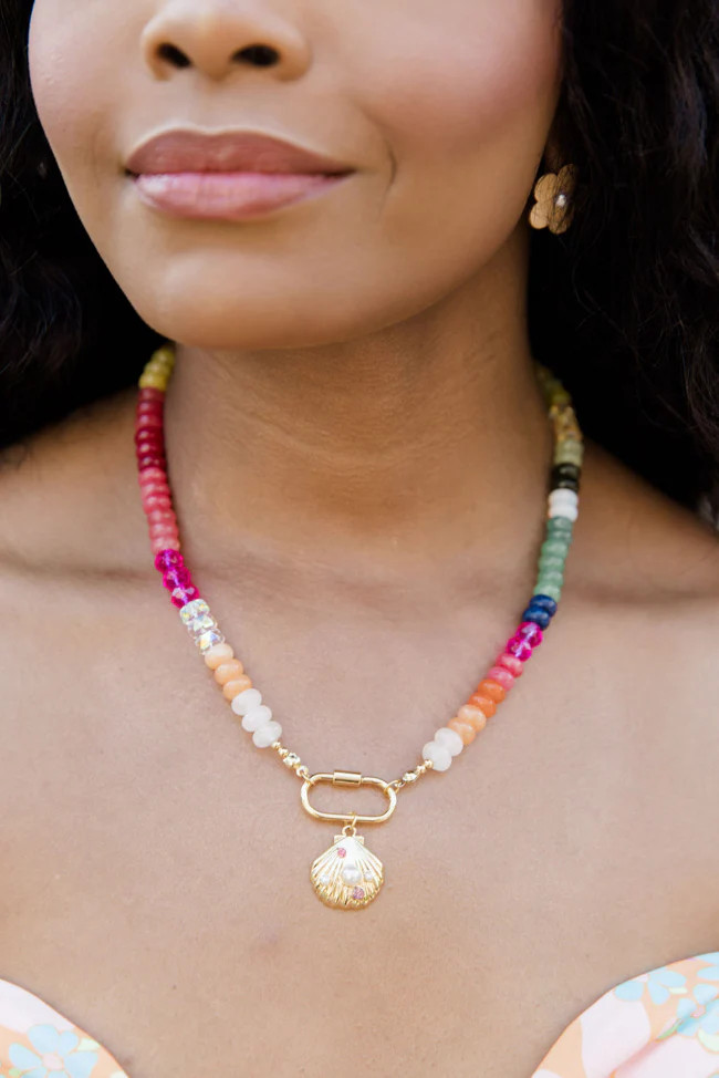 Rainbow Beaded Gold Shell Charm Necklace | Pink Lily